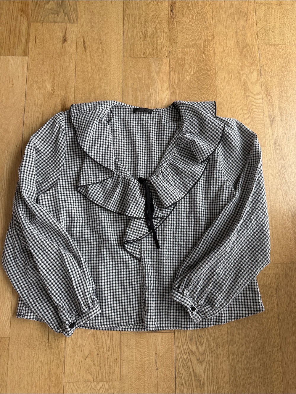 Zara Black and White Gingham Ruffle Tie-Neck Blouse